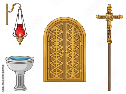 Four religious artifacts hanging lamp baptismal font arched doors and processional cross