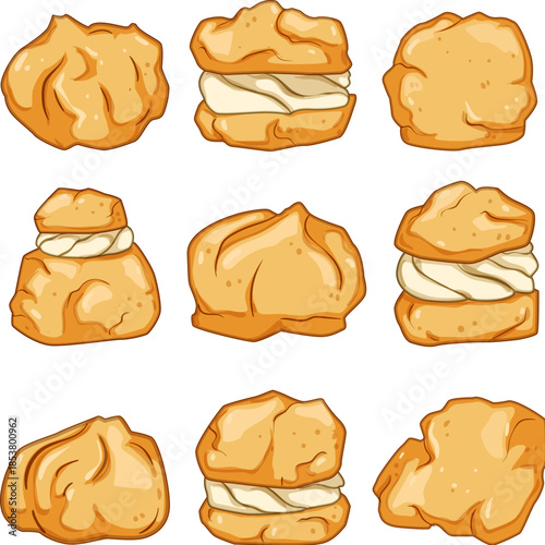 Cream puffs featuring various light yellow pastry shells, some filled with whipped cream or custard, offering a delightful and indulgent dessert illustration on a clean white background
