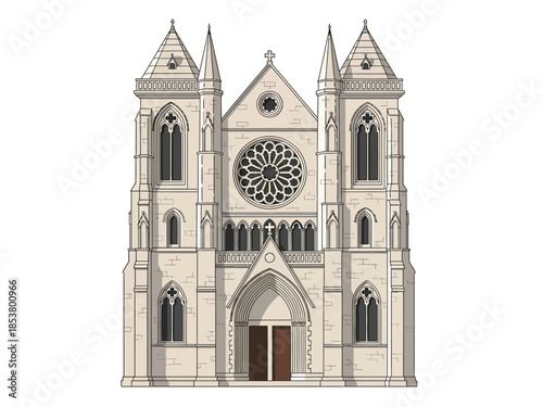 Front facade illustration of a tall lightcolored stone Gothic cathedral with twin towers