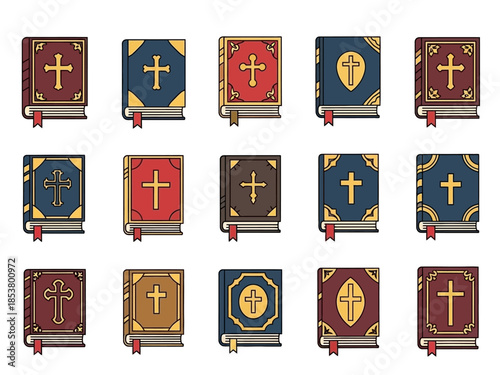 Grid of fifteen distinct stylized Bible book icons with crosses