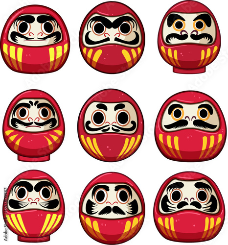 Daruma dolls collection illustrating various expressions, symbolizing good luck, perseverance, and achieving goals in japanese culture, often used for setting and achieving personal objectives