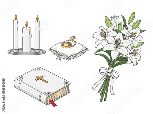 Illustration of wedding and religious items candles rings bible and lily bouquet