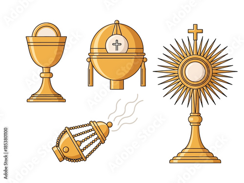 Gold liturgical vessels including a chalice ciborium thurible and monstrance