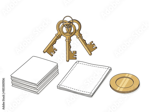Illustration of three golden keys stacked white papers a folded cloth and a brass token