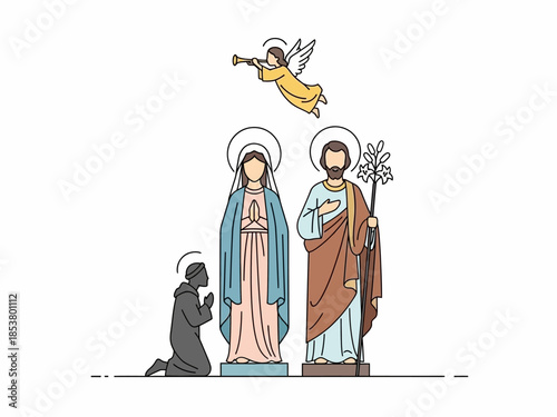 Religious figures stand with an angel overhead and a kneeling figure