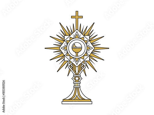 Stylized golden monstrance design with a cross and chalice symbol on white