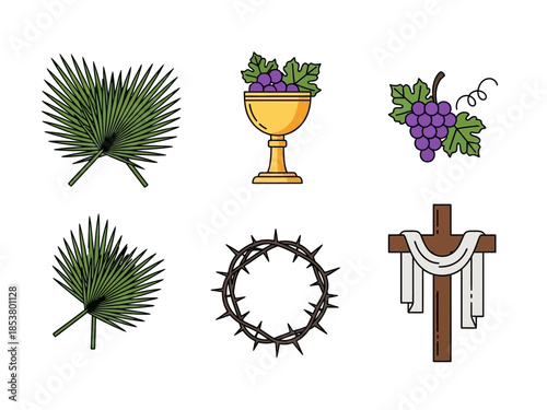Six religious icons including palms a chalice grapes a crown of thorns and a draped cross
