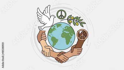 Global Peace and Unity: Hands Shaking, Dove, Olive Branch, Earth, Peace Symbols