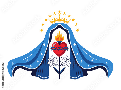 Stylized religious emblem featuring a crowned mantle flaming Sacred Heart and lilies