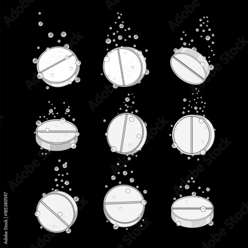Effervescent tablets dissolving in water, generating bubbles and representing themes of health, medicine, relief, and chemical reaction in a grid layout