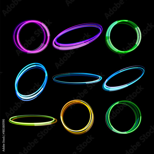 Vibrant neon light trails spiral into circular and elliptical forms on a dark background, suggesting motion, speed, futuristic energy and dynamic digital design elements