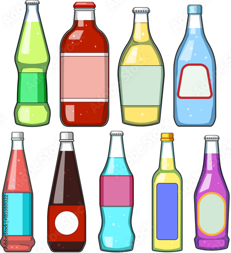 Various colorful cartoon bottles displaying different shapes and label spaces are filled with sweet beverages, creating a vibrant collection of liquid refreshments for design concepts