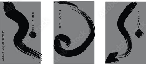 Minimalist abstract vector background banners with hand drawn black ink brushstrokes and geometric shapes on a grey texture