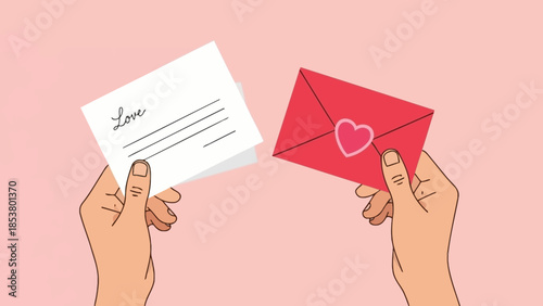 Hands holding love letter and red envelope with heart symbol, romantic communication concept