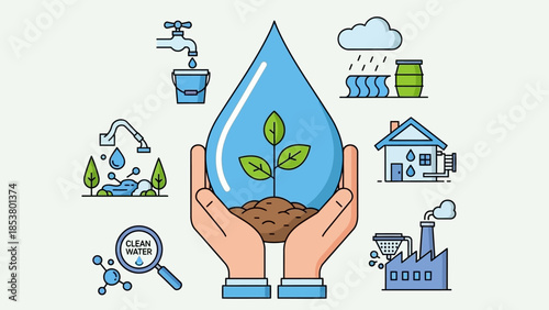 Hands Holding Water Drop with Plant, Clean Water Conservation Concept