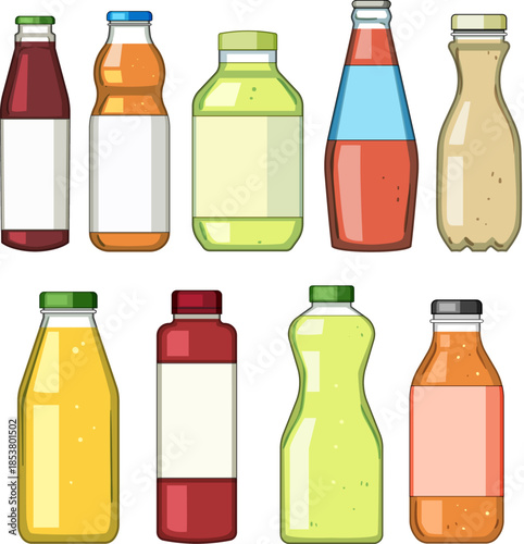Collection of various bottles presenting different colored liquids and blank labels, representing a diverse range of healthy fruit juices, smoothies, and other nutritious drinks