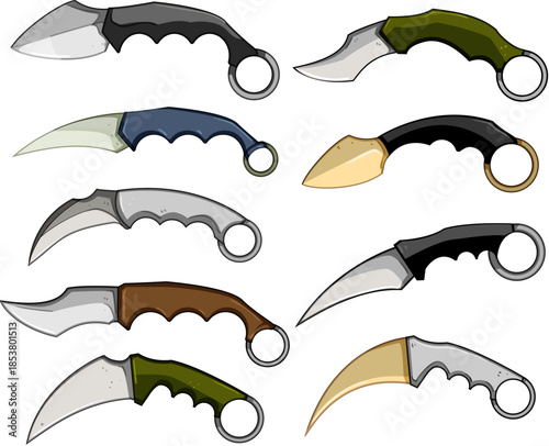 Collection of different karambit knives designs, illustrating various blade shapes, handle styles, and finger ring specifications for combat or self defense concepts
