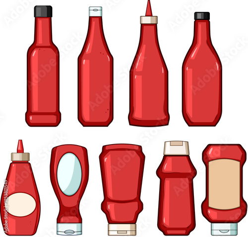 Collection of red squeeze and glass ketchup bottles with varied caps and blank labels in flat cartoon vector style on white background, condiment packaging assortment