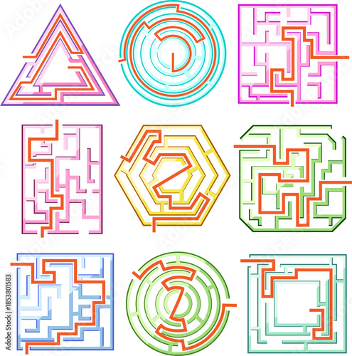 Nine different colorful maze games with highlighted solutions, providing a range of problem solving challenges and brain training activities for children and adults