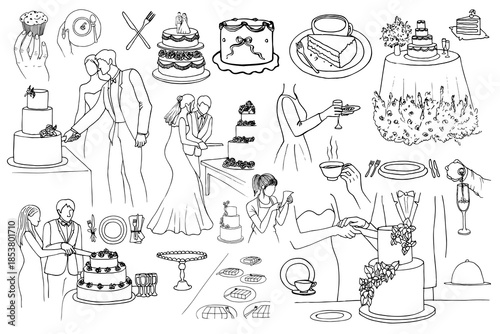 Hand drawn wedding vector set featuring couples cutting the cake, tiered desserts, and reception dining. Elegant black and white line art of marriage traditions, cakes, and guest service