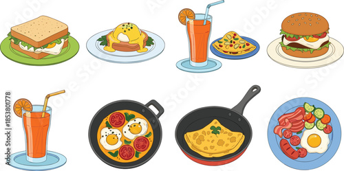 Diverse Breakfast Food Collection Featuring Fried Eggs Orange Juice Pancakes Burgers Sandwiches And Omelets In Skillets Vector Illustrations For Cafe Menus