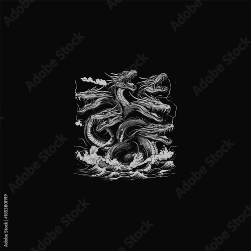 Detailed vintage hand drawn illustration of a monstrous multi-headed hydra serpent emerging from turbulent, crashing ocean waves under a dark sky