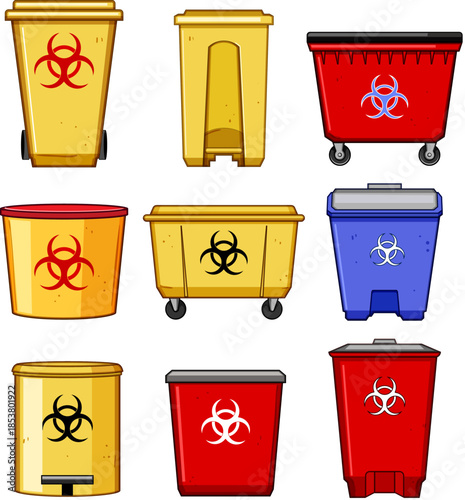Collection of colorful cartoon biohazard waste bins, illustrating dangerous medical and laboratory refuse disposal containers with warning symbols for proper waste management