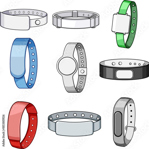 Collection of cartoon wristbands depicting various identification, tracking, and access control devices, including medical, event, and fitness applications, with different types and colors