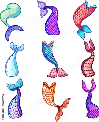 Nine diverse and vibrant mermaid tails featuring different colors, scales, and fin shapes, offering various design possibilities for creative projects and fantasy themes