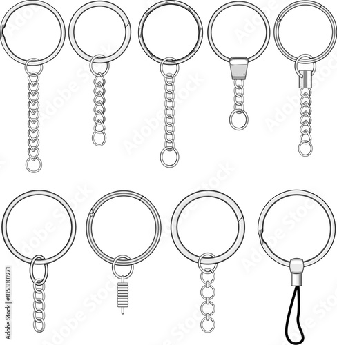 Metal keychain rings with various chain and connector types providing essential accessories for crafting, organizing, and personalizing items, isolating on a white background