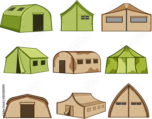 Multiple tent illustrations presenting various designs for military encampments, refugee accommodations, and camping, highlighting different temporary housing solutions