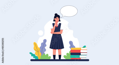 Thoughtful schoolgirl in a uniform standing with a stack of books and a blank thought bubble contemplating an idea or problem.