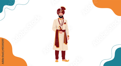 Handsome Indian groom dressed in a traditional white and red sherwani with a turban and sword for a wedding ceremony.