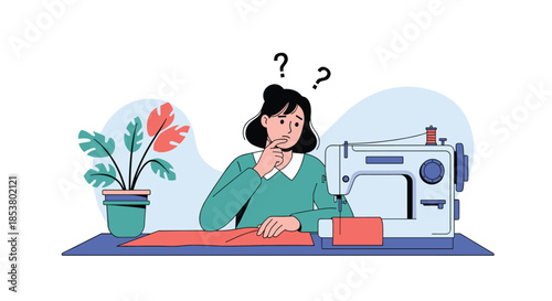 Confused woman with question marks above her head thinking and looking puzzled while sitting at a table with a sewing machine.