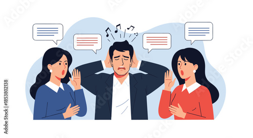 Stressed man covering his ears to block out the noise of two women arguing loudly on either side of him with speech bubbles.