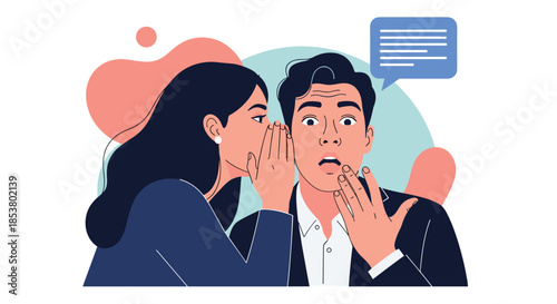 Woman whispering a secret or gossip into a shocked man's ear who is gasping with a surprised expression and covering his mouth.