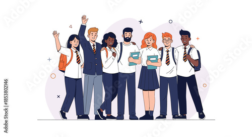 Diverse group of happy high school or university students standing together with their arms around each other in friendship.