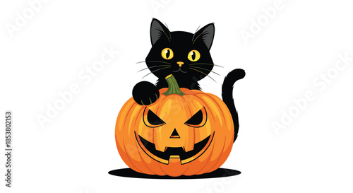 Cute black cat with big yellow eyes sitting behind a spooky carved jack-o-lantern pumpkin for a fun Halloween celebration.