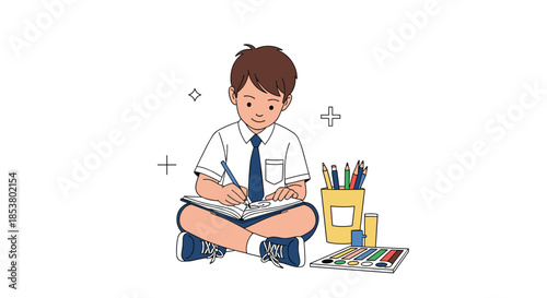 Young schoolboy in uniform sitting cross-legged on the floor and happily drawing or writing in a notebook with art supplies.
