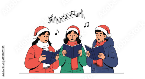 Group of three people wearing Santa hats and winter clothes singing Christmas carols from a songbook with music notes above.