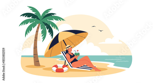 Woman relaxing on a beach chair under an umbrella drinking a coconut cocktail on a tropical beach with a palm tree and ocean.