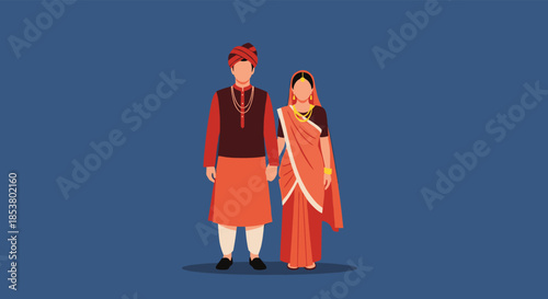 Indian couple standing together in traditional wedding attire with the groom in a sherwani and the bride in a beautiful sari.
