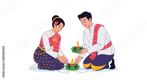 Happy young couple in traditional Thai outfits kneeling and lighting candles on their krathongs for the Loi Krathong festival.
