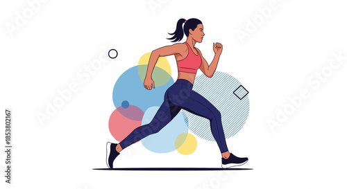Athletic young woman in sportswear running or jogging with determination against a background of colorful abstract circles.