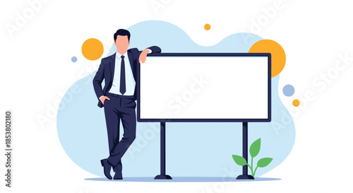 Confident businessman in a suit leaning against a large blank whiteboard for a presentation with copy space for your text.