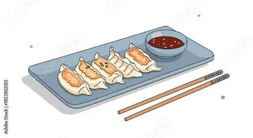 Isometric illustration of delicious pan-fried gyoza dumplings on a rectangular plate with dipping sauce and chopsticks.