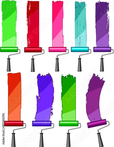 Paint rollers applying vibrant, distinct color swatches and art lines, demonstrating decoration, renovation, and creativity concepts against a clean white backdrop