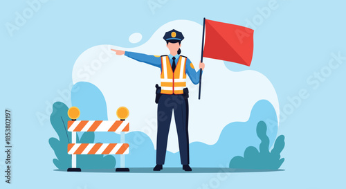 Female traffic police officer in a safety vest holding a red flag and directing traffic near a construction road barrier.