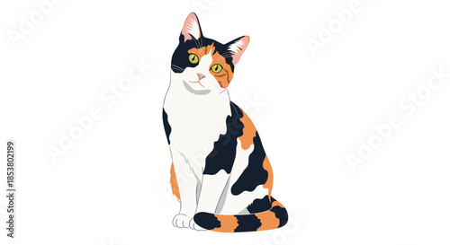 Elegant calico cat with black orange and white fur sitting gracefully while looking directly at the camera on a white background.