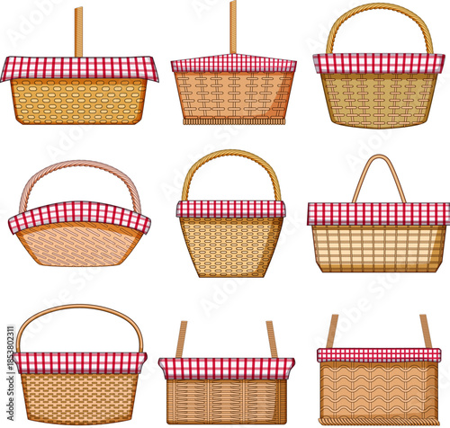 Collection featuring nine different wicker picnic baskets, each with a distinctive handle and a red and white checkered fabric lining, ideal for summer and outdoor activities